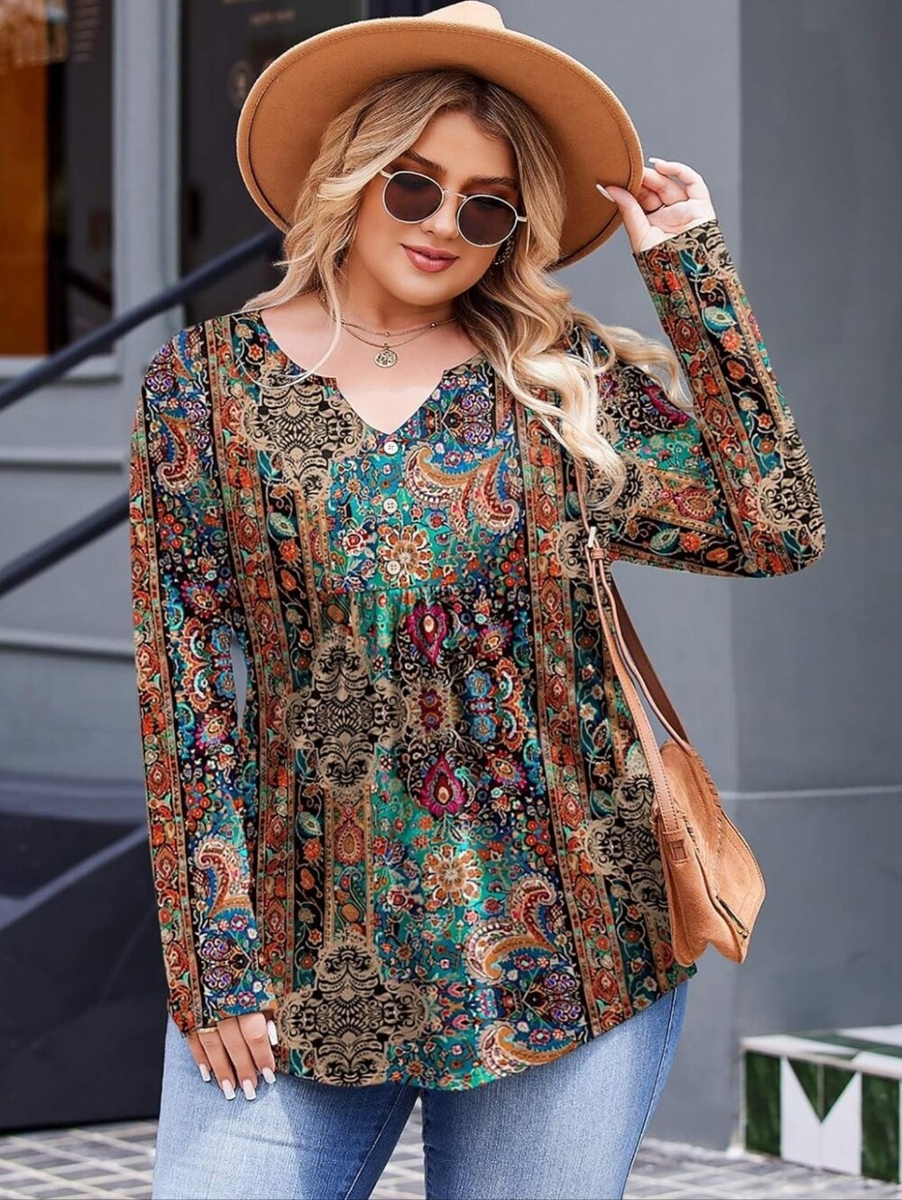 Multi-Color V-Neck Floral Paisley Print Pleated Front Long Sleeve Babydoll Top